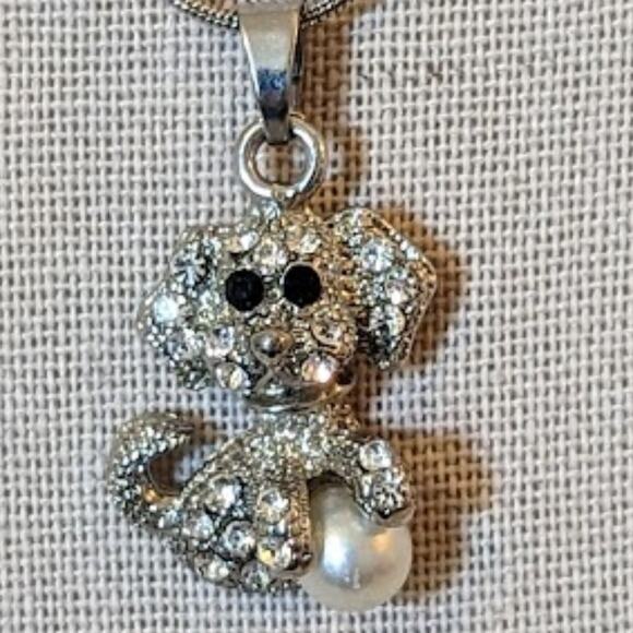 Rhinestone Dog Playing with a Pearl Ball Necklace - Picture 2 of 5